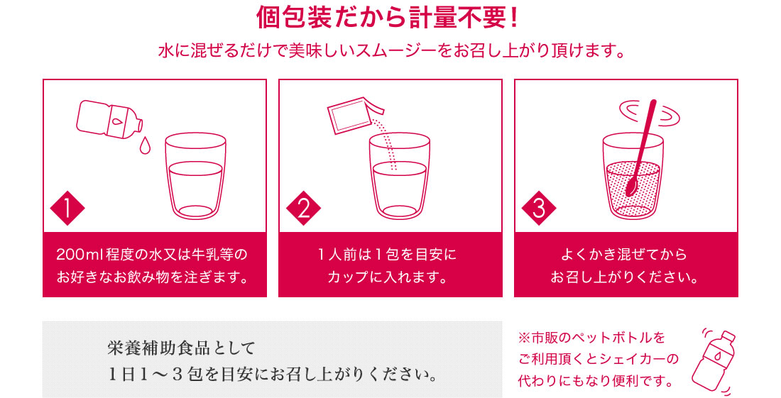 個包装だから計量不要！水に混ぜるだけで美味しいスムージーをお召し上がり頂けます。