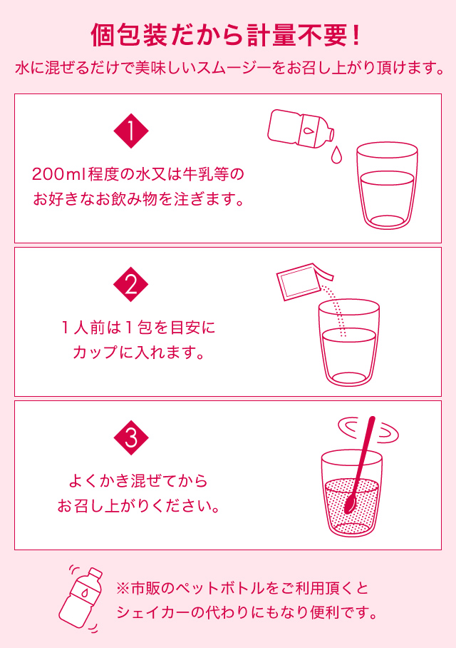 個包装だから計量不要！水に混ぜるだけで美味しいスムージーをお召し上がり頂けます。